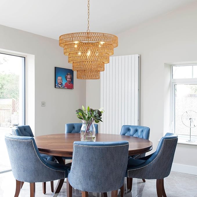 25.6" Hand-Woven Rattan Chandelier Light Fixture 8-Light Vintage Farmhouse Hand-Woven Boho Bamboo Rattan Chandelier 5-Tier Drum Wicker Golden Chandeliers for Dining Room, Kitchen, Living Room