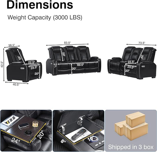 THSUPER Power Black Leather Recliner Sofa for Living Room Furniture Sets with Arm Storage and Power Headrest, Leather Living Room Reclining Couch Set with Wireless Charge and Bluetooth Speaker. | LED ambient light, Reading light, Hidden outlet, USB and...