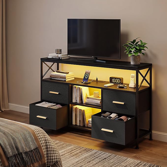 LED TV Stand for 55 inch TV, 47" Entertainment Center with 4 Fabric Drawers & Open Shelf, Brushed Gold Handle, TV Media Console Table for Living Room, Bedroom, Hallway, Black