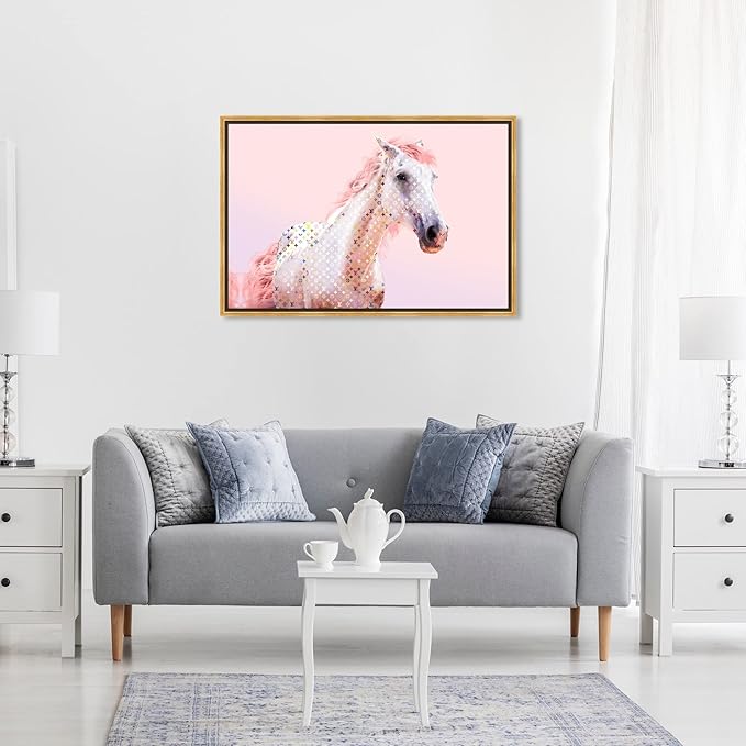 Country Farmhouse Canvas Print Painting Animal Wall Art 'Pink Glam Horse' Gold Framed Canvas Rustic Home Décor 30x20 in Pink, White by Oliver Gal