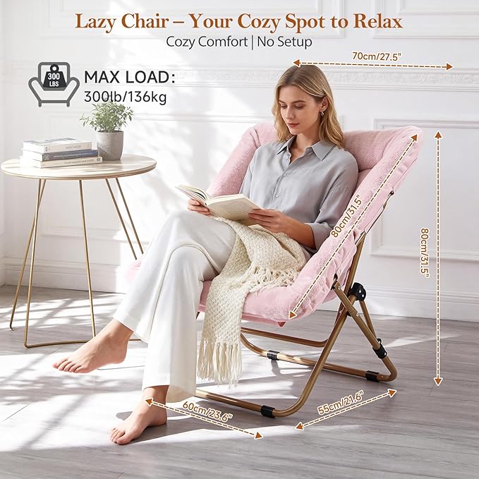 Modern Pink Faux Fur Foldable Metal Frame Recliner Chair for Bedroom, Living Room, Balcony