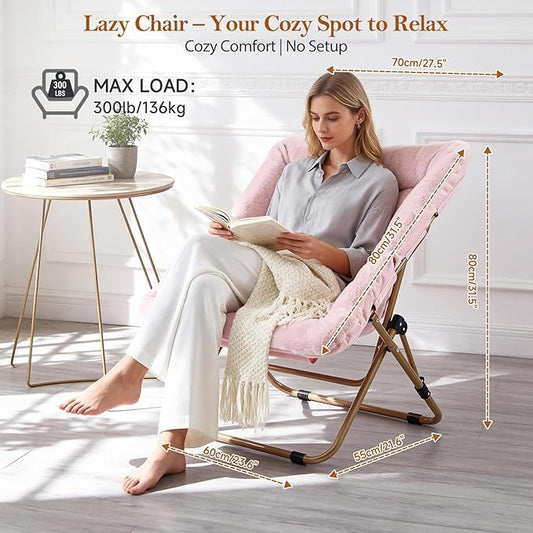 Modern Pink Faux Fur Foldable Metal Frame Recliner Chair for Bedroom, Living Room, Balcony