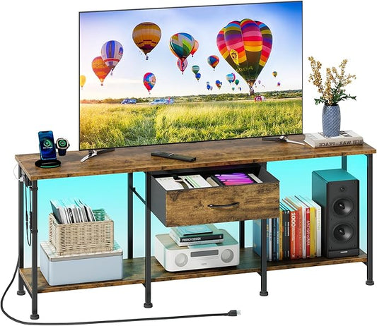 GYIIYUO LED TV Stand for 65 60 55 Inch TV, Entertainment Center with Power Outlet and Fabric Drawers, Industrial TV Console Table for Living Room Bedroom, 55" Rustic Brown