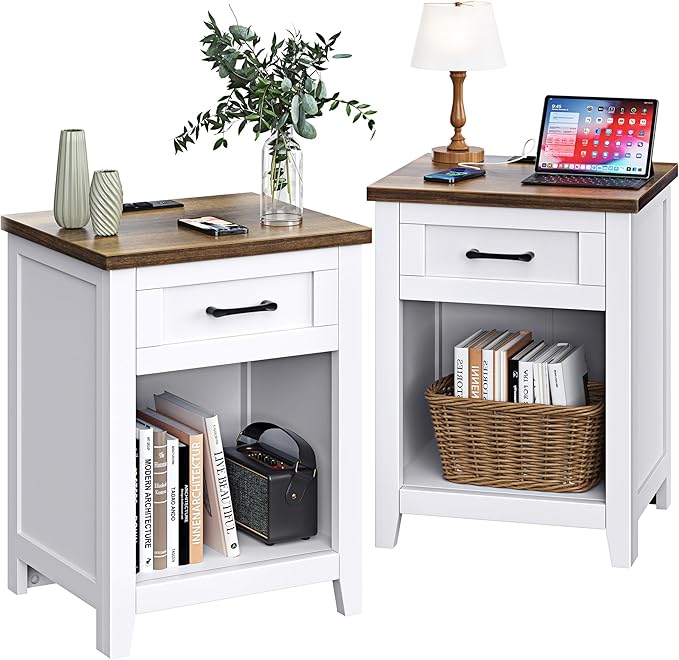 Farmhouse Nightstand with Charging Station & Large Storage, Set of 2 Modern End Tables with Outlets, USB Ports and Type-C Ports, Easy Assembly for Bedroom (Pure White + Walnut)