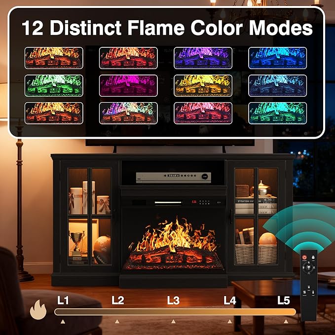 YESHOMY Glass Fireplace TV Stand for Televisions up to 65", Media Entertainment Center Console Table with Led Lights, Black