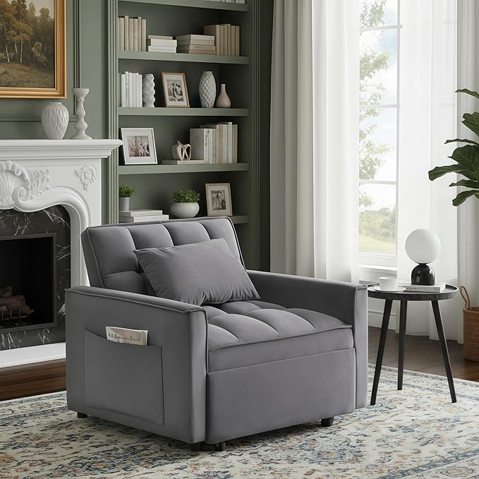 Sleeper Chair, Pull Out Chair Sleeper with Adjustable Back & Pocket, Convertible Chairs Bed Sleepers for Adults, 3 in 1 Sofa Bed Chairs for Small Spaces, Living Room, Gray