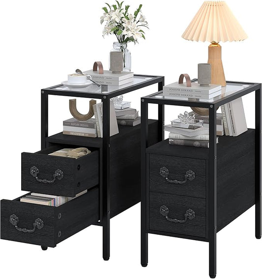 VECELO Narrow Side Table Set of 2, Night Stand Sofa Table with Glass Top,Bedside End Tables with Storage Drawers,Wood Nightstand for Small Spaces Living Room Bedroom,Black