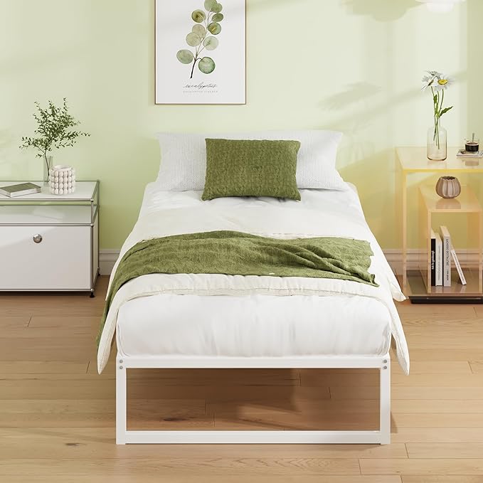 EMODA 12 Inch Twin Bed Frames, Metal Platform Bed Frame Twin No Box Spring Needed, Heavy Duty Steel Slats Support, Easy Assembly, Noise Free, White