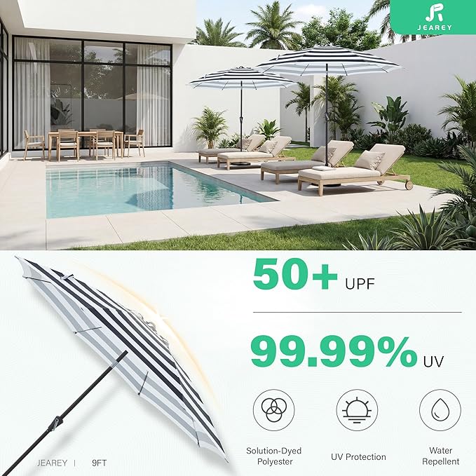 JEAREY 9FT Outdoor Patio Umbrella,Market Table Umbrella with 8 Fiberglass Ribs, Pool Umbrella with Tilt and Crank, UV Protection Lightweight & Wind-Resistant for Lawn, Garden, Deck and Backyard, Black-White Stripe