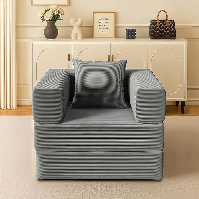 BSHOMGI 2-in-1 Floor Foldable Sofa Couch Convertible Sleeper Chaise Lounge Chair Indoor Portable Fold Out Futon Mattress with Back Support for Living Room,Bedroom (Gray, 35.43" Single Sofa)