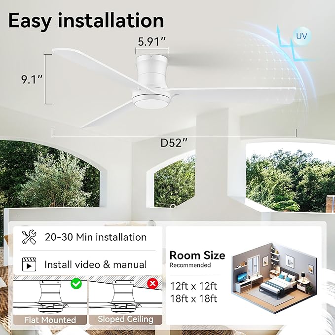 52inch Smart Ceiling Fans with Lights,Low Profile White Wood Ceiling Fans,Remote/APP/Alexa Control,Modern Flush Mount Ceiling fan,Outdoor Indoor for Bedroom Living room Patio,3 Blade,Dimmable,Quiet