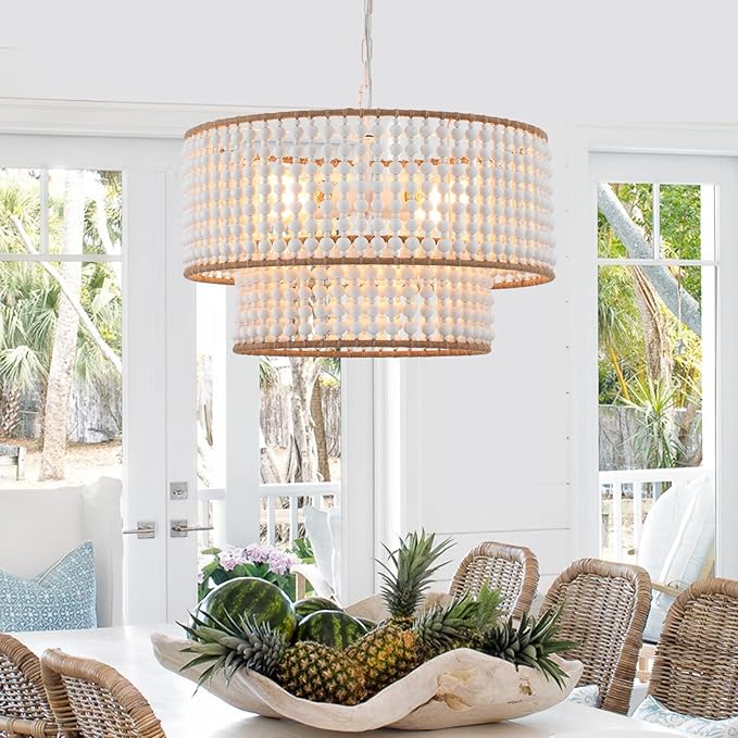 Dia 22 Inch Boho Wood Bead Chandelier Farmhouse, Bohemia Dining Room Light Fixture Over Table, White Bead Pendant Chandelier for Bedroom Kitchen Hallway Entryway Nursery Living Room Foyer