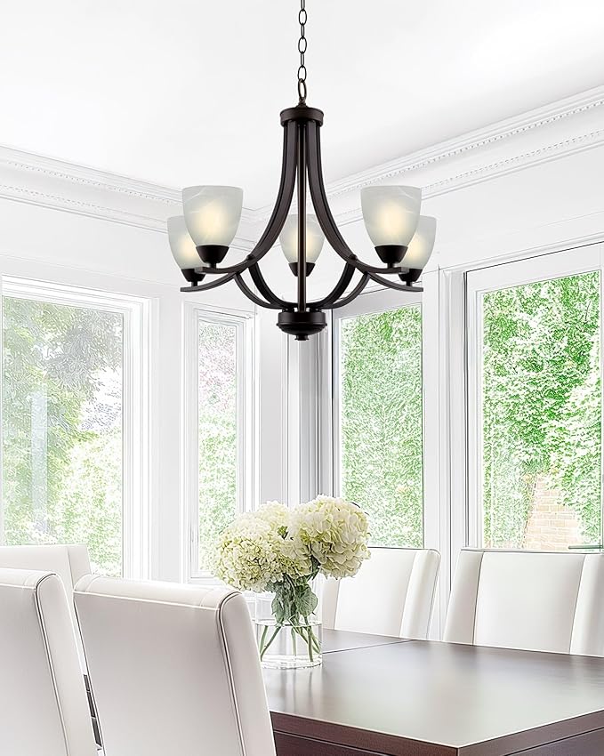 Kira Home Weston 24" Contemporary 5-Light Large Chandelier + Alabaster Glass Shades, Adjustable Chain, Oil Rubbed Bronze Finish