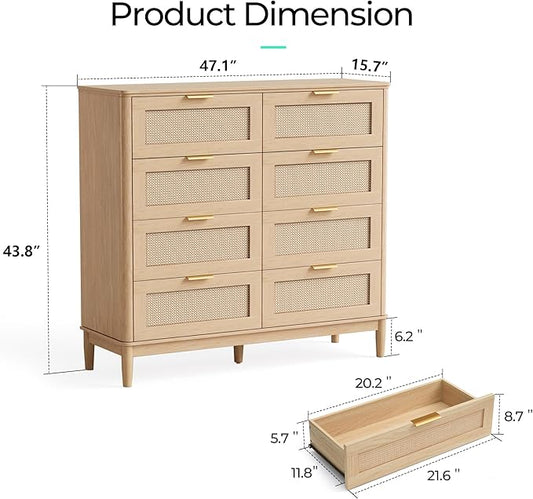 LINSY Rattan 8 Drawer Dresser for Bedroom, 47" Wide Mid-Century Modern Tall Chest of Drawers, Deep Storage Dresser with Curved Corner Design, Large Accent Wood Cabinet for Bedroom, Oak