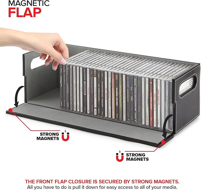 Stock Your Home CD Storage Box, Organizer Shelf for Movie Cases, DVDs, Cassette Tape Display Stand, Disc Holder Can Store Up to 40 CDs, Faux Leather (Black)