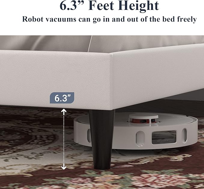 Allewie Queen Size Platform Bed Frame, Adjustable Faux Leather Headboard with Diamond Stitch and Button Tufted, Sturdy Wood Slats, Easy-Assembly, No Box Spring Needed, Off-White