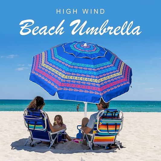 AMMSUN 8 Feet Large Beach Umbrella with Sand Anchor Heavy Duty High Wind Portable Outdoor Umbrellas UV 50+ Protection Air Vent Tilt Patio Garden Pool