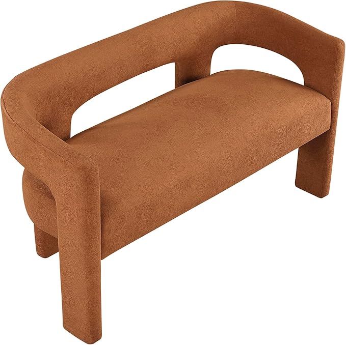 Lexicon 54.5 Inch Modern Curved Boucle Upholstered Dining Bench, Open Back Design, Soft Contemporary Accent Bench for Dining Room/Entryway, No Assembly Required, Orange