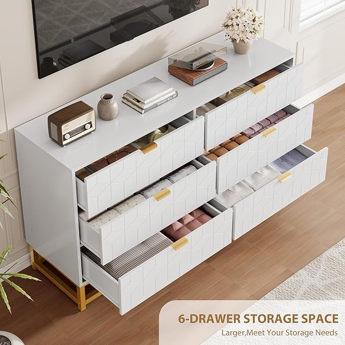 GAOMON Dresser for Bedroom, 53.5" Large Dresser Organizer, 6 Drawer with Golden Metal Handle and Legs, Modern Chest of Drawers, White Dressers with Drawers for Closet, Hallway, Living Room, Entryway