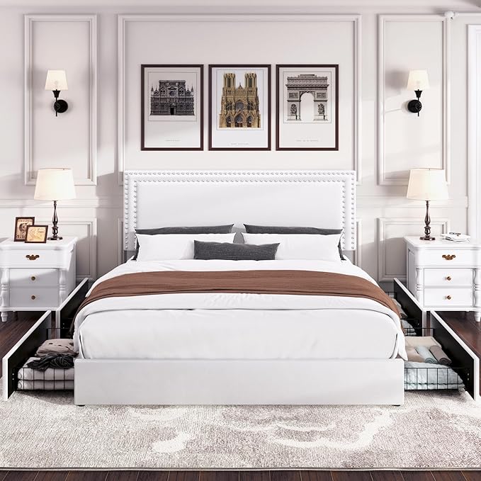 VECELO Queen Size Upholstered Platform Bed Frame with 4 Storage Drawers, Adjustable Velvet Rivet Decor Headboard, Wooden Slats Support, No Box Spring Needed, Easy Assembly