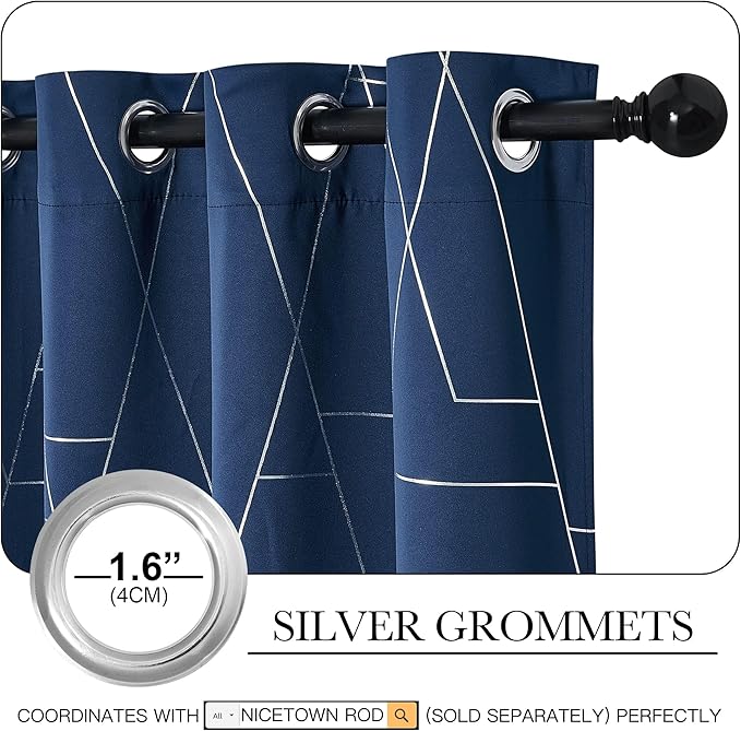 NICETOWN Blackout Curtain Panels 84 inches Long, Window Treatment Foil Printed Line Pattern Thermal Insulated Grommet Blackout Drapes for Living Room/Office/Guest Room (Navy, 1 Pair, 52 inches Wide)