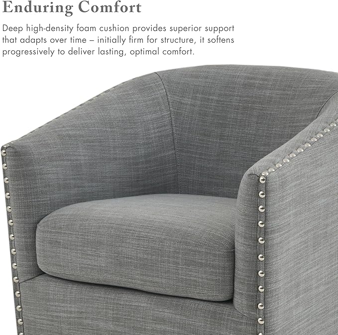 Madison Park Swivel Barrel Accent Chair, Upholstered Curved Back with 7-Inch Thick Woven Cushion, 360° Swivel, Nailhead Trim, Comfy Chair for Living Room, Bedroom, Office, 28" Wide, Grey, Tyler