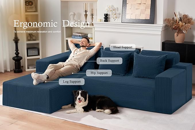 HABUTWAY Sectional Couches for Living Room,No Assembly L Shaped Couch 105" Modular Sectional Sofa Couch with Deep Seat,Cloud Couches Furniture Sets for Apartment,Corduroy (Blue, Left Facing)