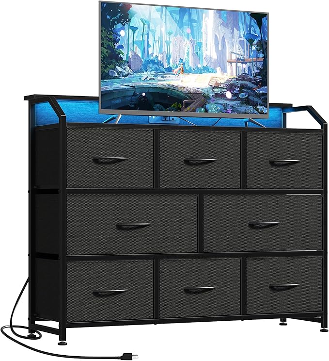 DUMOS TV Stand Dresser with 8 Fabric Drawers, 8-Drawer Chest of Drawers with APP Control LED Lights and Type-C Charging Station, Fabric Storage Tower TV Stand for Living Room, Black