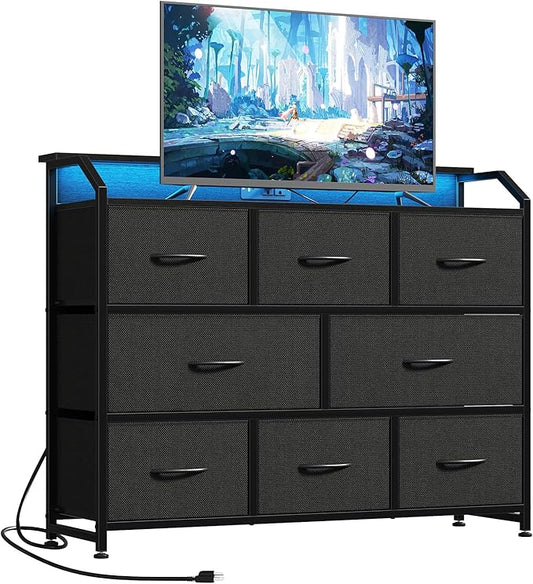 DUMOS TV Stand Dresser with 8 Fabric Drawers, 8-Drawer Chest of Drawers with APP Control LED Lights and Type-C Charging Station, Fabric Storage Tower TV Stand for Living Room, Black