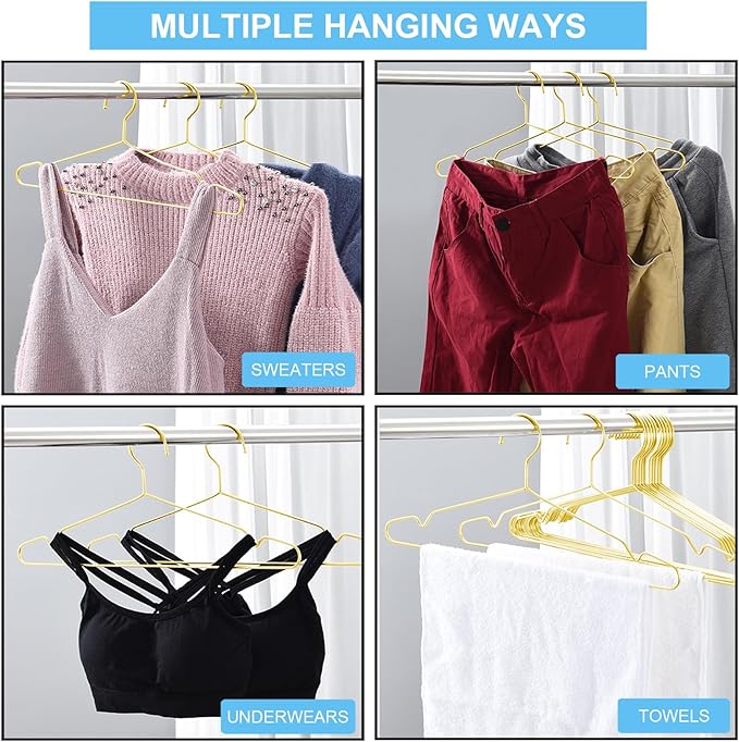 20 Pack Gold Hangers, Clothes Hangers for Closet Ultra Slim Metal Hangars Space Saving Coat Hanger, Heavy Duty Stainless Steel Suit Hanger for Adult Kids Golden Decor Home Essentials