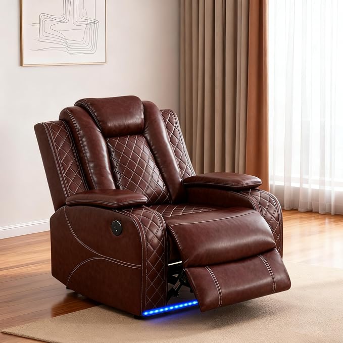 Power Recliner Sofa Set for Living Room, Leather Power Reclining Sofa Sets with LED Lights, Console Storage, Recliner Couch with USB Port(Chair,Red)
