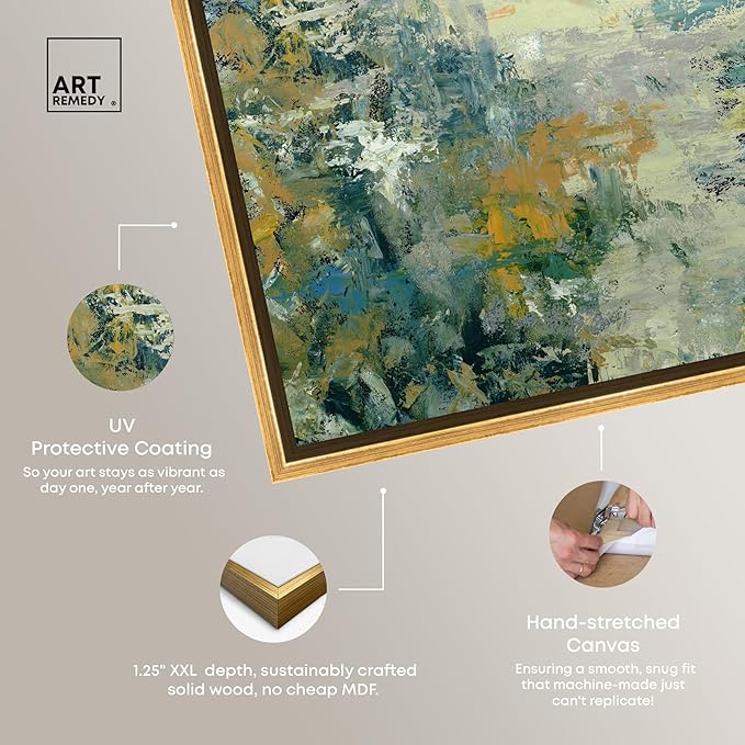 Art Remedy Green Moss Monet Garden Green Abstract Canvas Wall Art, Gold Floater Frame, 16"x24"