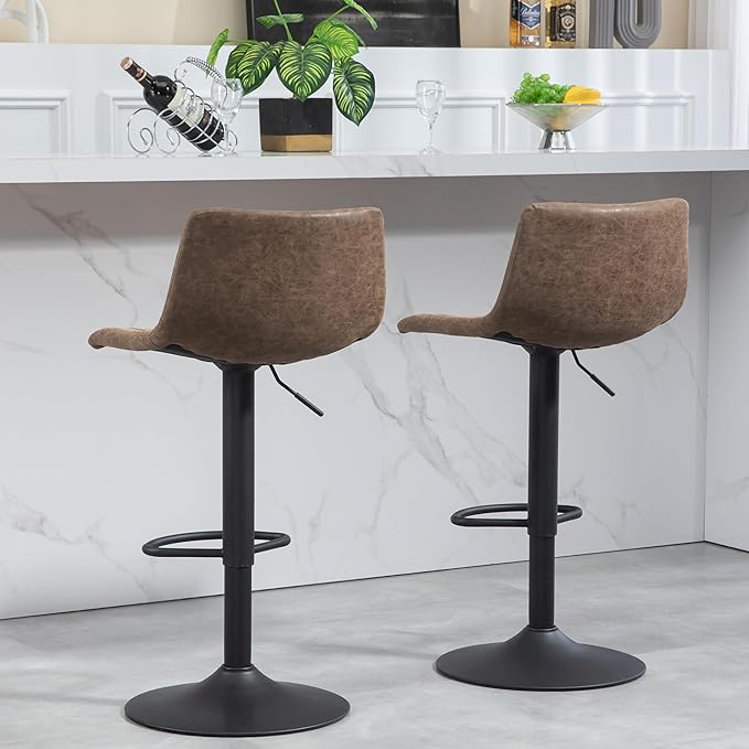 Finnhomy Bar Stools Set of 2, Swivel Adjustable Height Bar Chairs with Footrest & L-Shape Back, Vintage Leather Counter Stools for Kitchen Island, Home Bar, Retro Brown (24"-32" Height Adjustable)