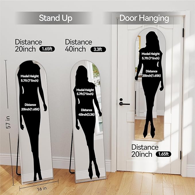 57x16 Door Hanging Full Length Mirror, Floor Stand (Height 5.7ft just Body in1.3ft) / Wall Mounted Metal Frame Arch Dressing Mirrors for Bedroom Living Room 57 inch Silver