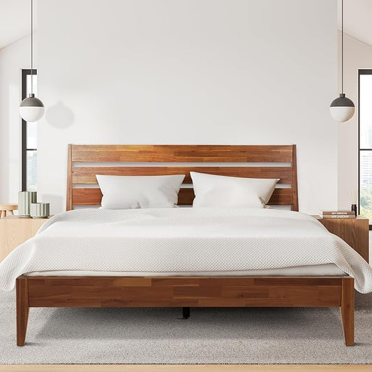 Acacia Emery Bed Frame with Headboard Solid Wood Platform Bed, King Size Bed Frame, Mid - Century Modern Wood Bed Compatible with All Mattresses, Easy Assembly, Non-Slip (Walnut, Queen)