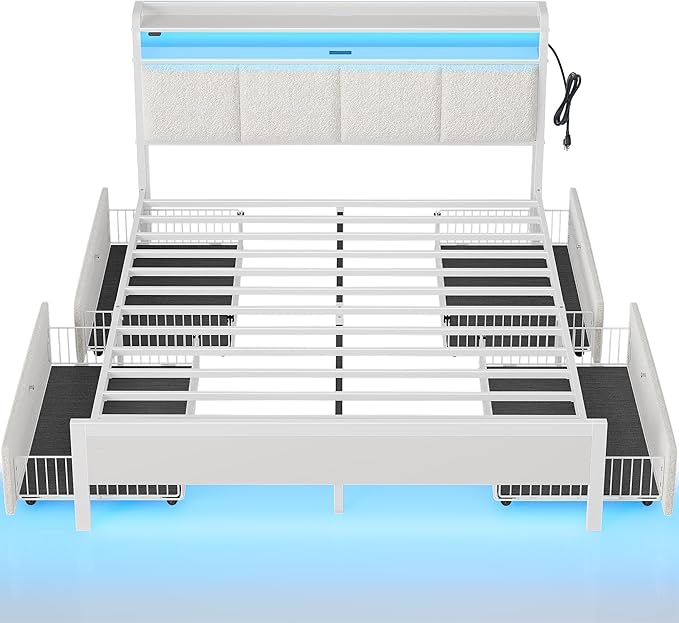 Rolanstar Bed Frame Full Size with Charging Station and LED Lights, Upholstered Storage Headboard with Drawers, Heavy Duty Metal Slats, No Box Spring Needed, Noise Free, Easy Assembly, White