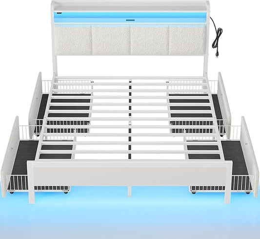 Rolanstar Bed Frame Full Size with Charging Station and LED Lights, Upholstered Storage Headboard with Drawers, Heavy Duty Metal Slats, No Box Spring Needed, Noise Free, Easy Assembly, White