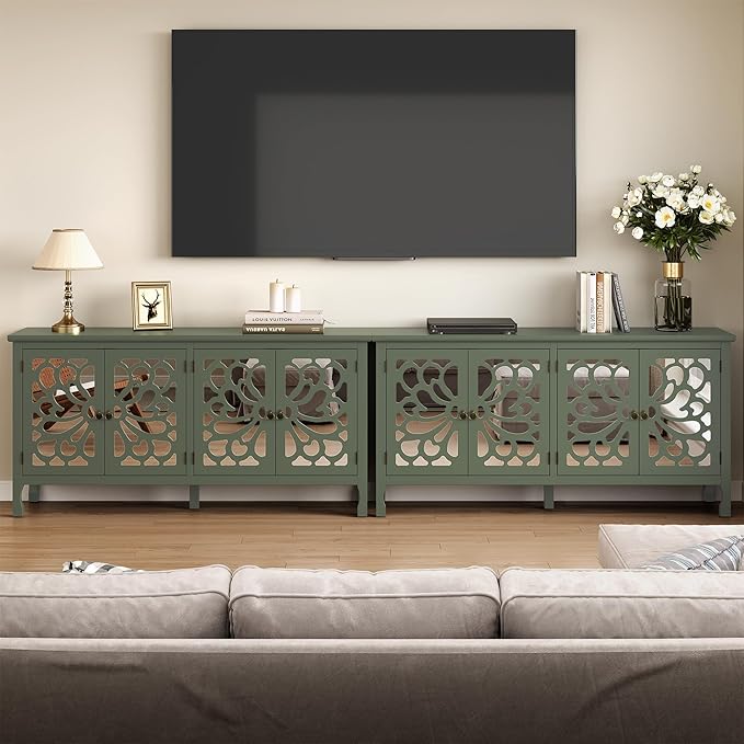 63" Carved Buffet Cabinet with Mirrored Door, Modern Console Table with Storage and Adjustable Shelves, Wood Media Sideboard for Entryway, Living Room, Bedroom, Dining Room, Bathroom (Green)