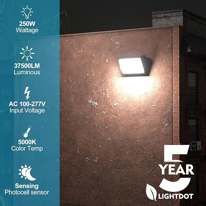 Lightdot 4Pack 250W LED Wall Pack Lights, 100-277v Dusk to Dawn with Photocell | 37500Lm(150Lm/W) 5000K IP65 Outdoor Exterior Lighting Fixture, Energy Saving|5-Yrs Warranty, ETL(Height:20-40ft)