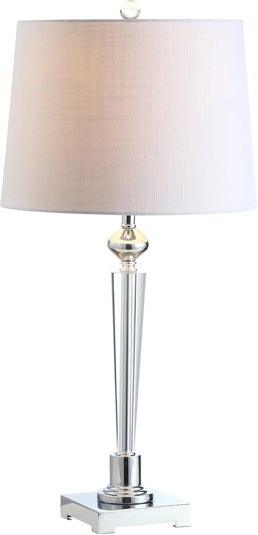 JONATHAN Y 28.25" Clear Crystal Table Lamp, Chrome Candlestick Base with White Linen Drum Shade, Traditional French Country Lamp for Living Room, LED Bulb Included JYL2051A