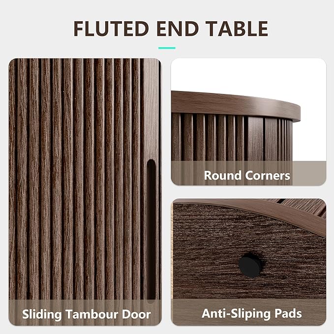 LINSY HOME Round End Table, Fluted Side Table with Sliding Tambour Door and Storage Shelf, Mid Century Modern Circular Nightstand for Bedroom, Wood Boho Tall Bedside Cabinet for Small Space, Walnut