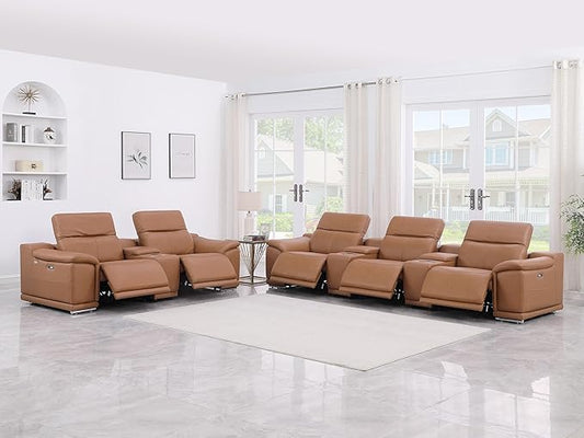 Blackjack Furniture Venice Top Grain Italian Leather Power Recline 8 Piece 5 Seater Sofa - 134" Theater Seating Modern Couch for Living Room Apartment with Adjustable Headrests & USB Port, Cognac