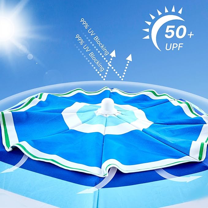 beach umbrella with sand anchor,UPF 50+protection,8 ribs, beach umbrellas for sand portable,with button tilt - multifunctional outdoor sunshade for gardens,courtyards,and beaches.