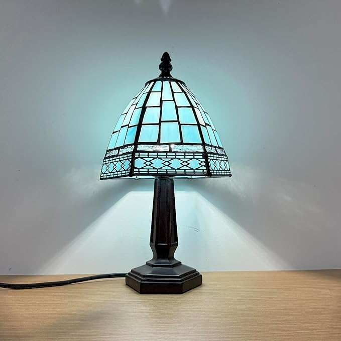 Small Tiffany Style Table Lamp,3 Color Temperature Grid Blue Stained Glass Table Lamps,Bedside Nightstand Night Light for Bedroom,Living Room, Dining Room W/LED Bulb,6X6X13Inch