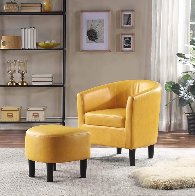 Convenience Concepts Take a Seat Churchill Accent Chair with Ottoman, Marigold Stamped Faux Leather