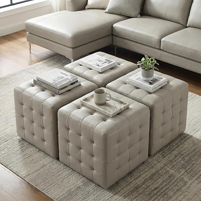 Cortesi Home Charli Tufted Cube Ottoman in 100% Genuine Leather, Light Grey