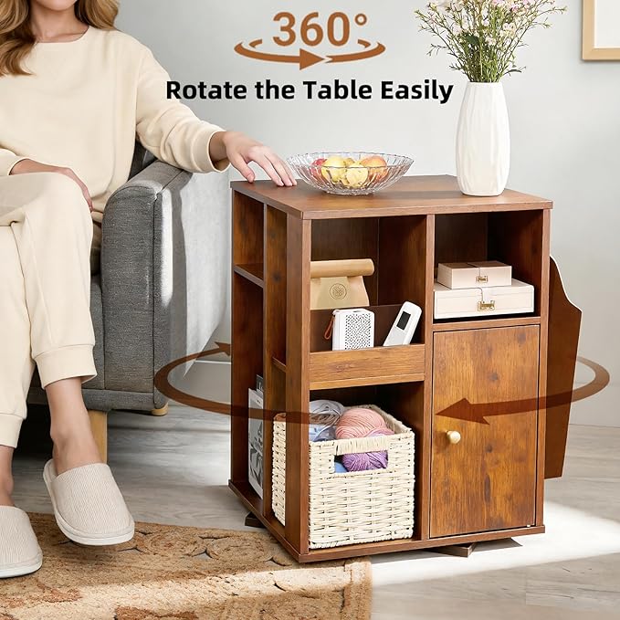 TooCust Rotating End Table with Storage, Square Rotating Side Table Living Room, Side Table with Magazine Holder, Basket and Cabinet, Swivel End Table with Multiple Storage (Rustic Brown)