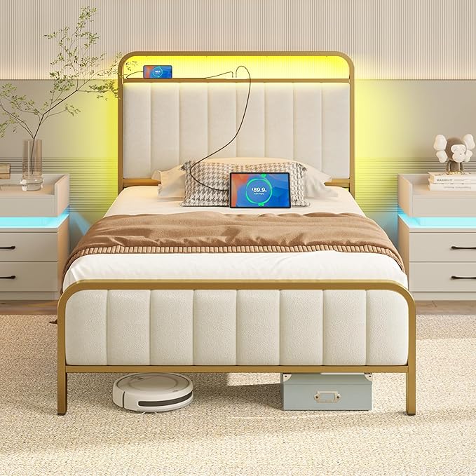 Rolanstar Twin Size Bed Frame with LED Light and Charging Station, Upholstered Headboard and Footboard, Metal Slat, Noise Free, Easy Assembly, Golden and Beige