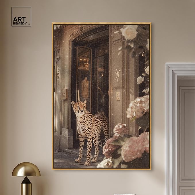 Art Remedy Cheetah at the Store Canvas Fashion Designer Wall Art, Gold Frame, 36" x 54"