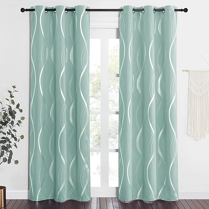 NICETOWN Aqua Blue Foil Print Curtains 90 inch Long for Patio, Wave Silver Line Pattern Drapes Contemporary Style for Elegant Home Decoration, W52 x L90 inch, 2 Panels